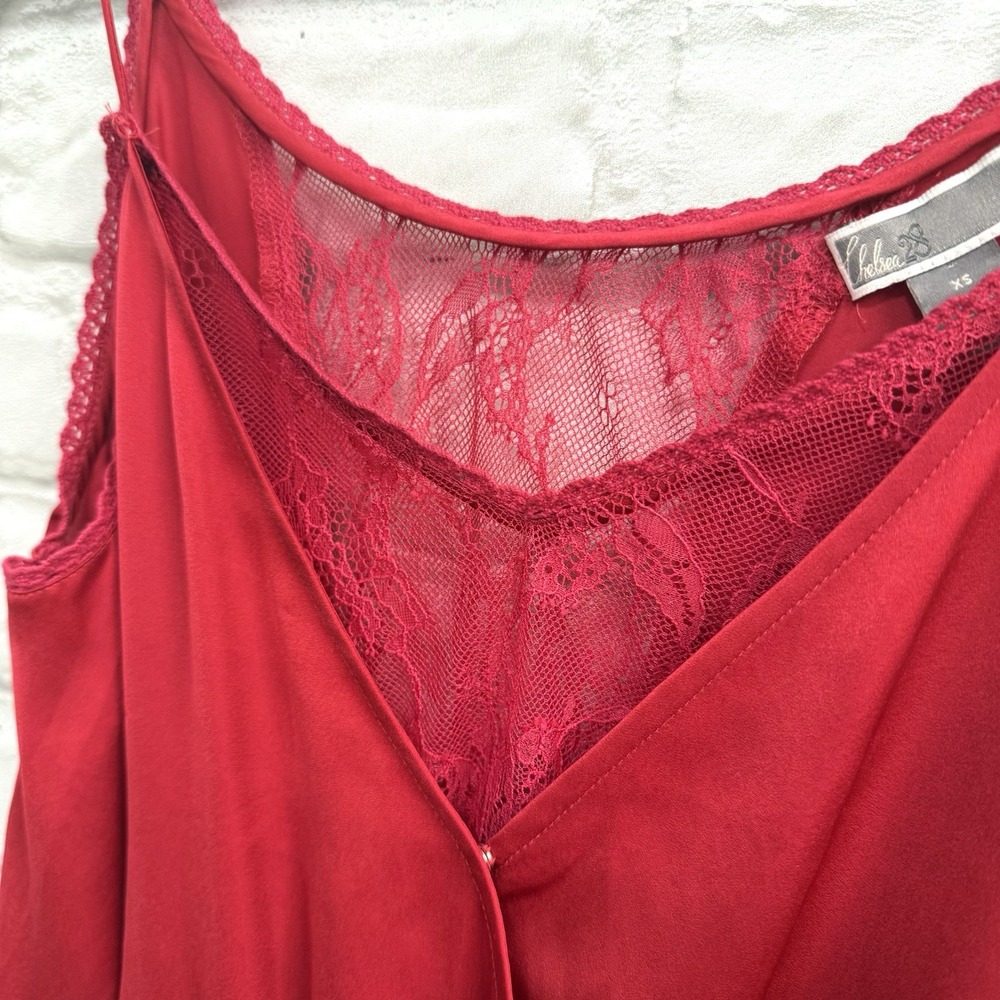 Chelsea 28 Red Lace Trim Asymmetrical Slip Dress Floral Lace V-Neck Size XS